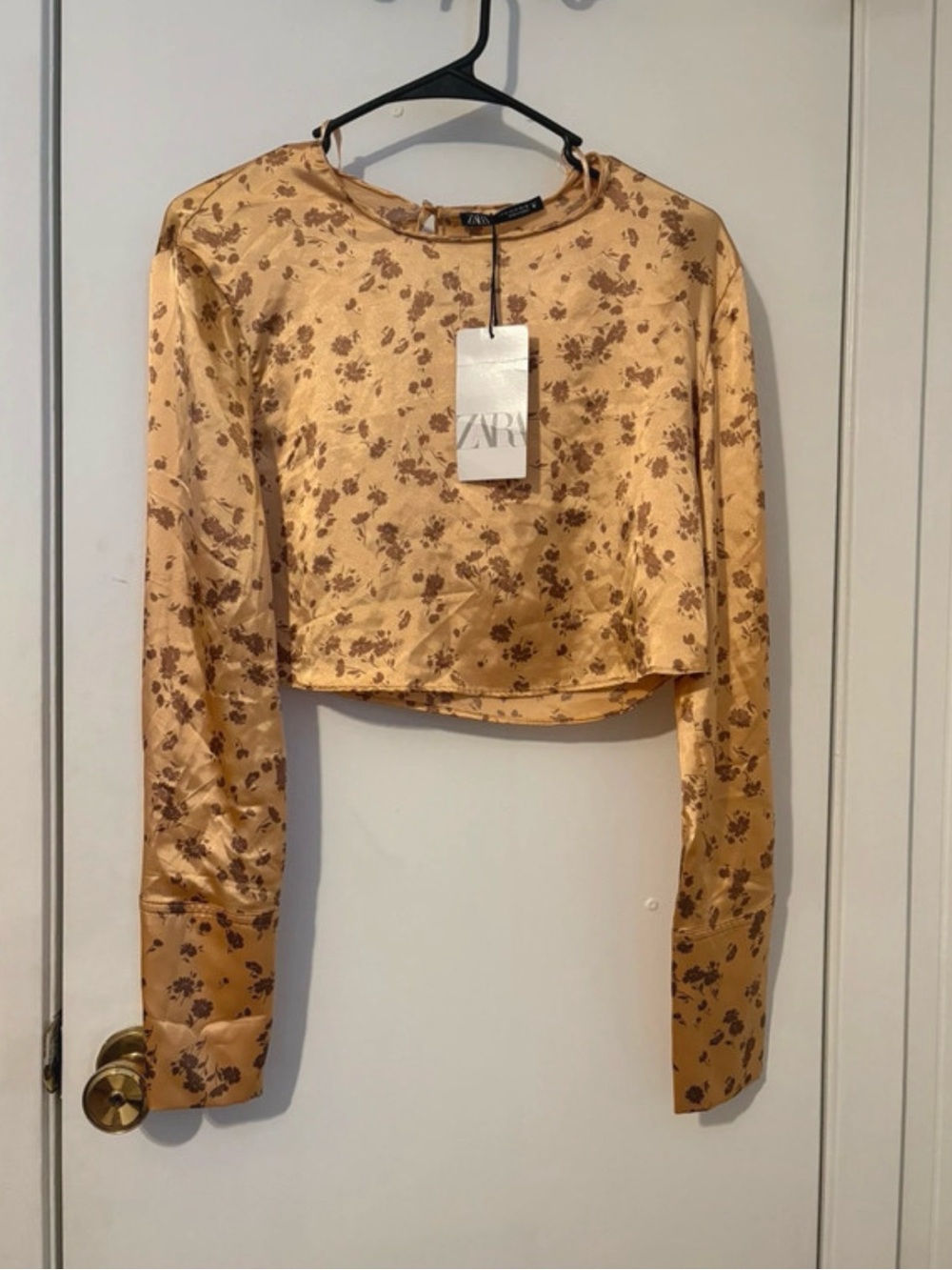 Zara Satin Floral Crop Top in Gold and Brown